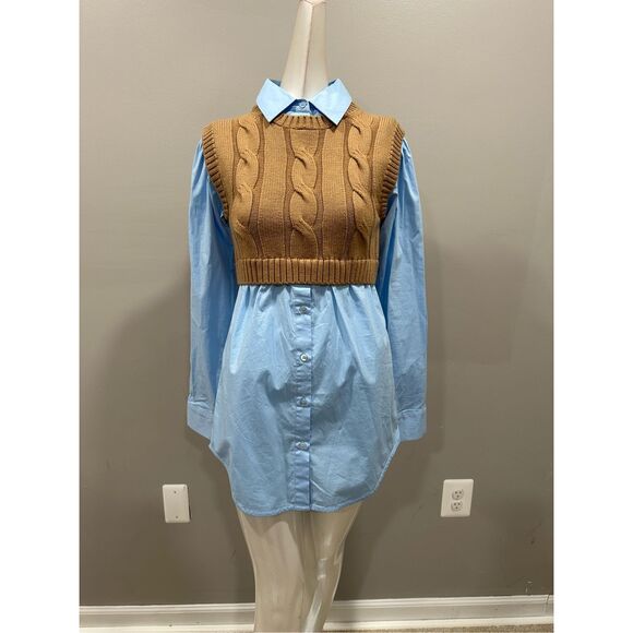 NWT Staud Cooper Knit Vest and Poplin Long-Sleeve Combo Shirt Camel $375 - Picture 5 of 12